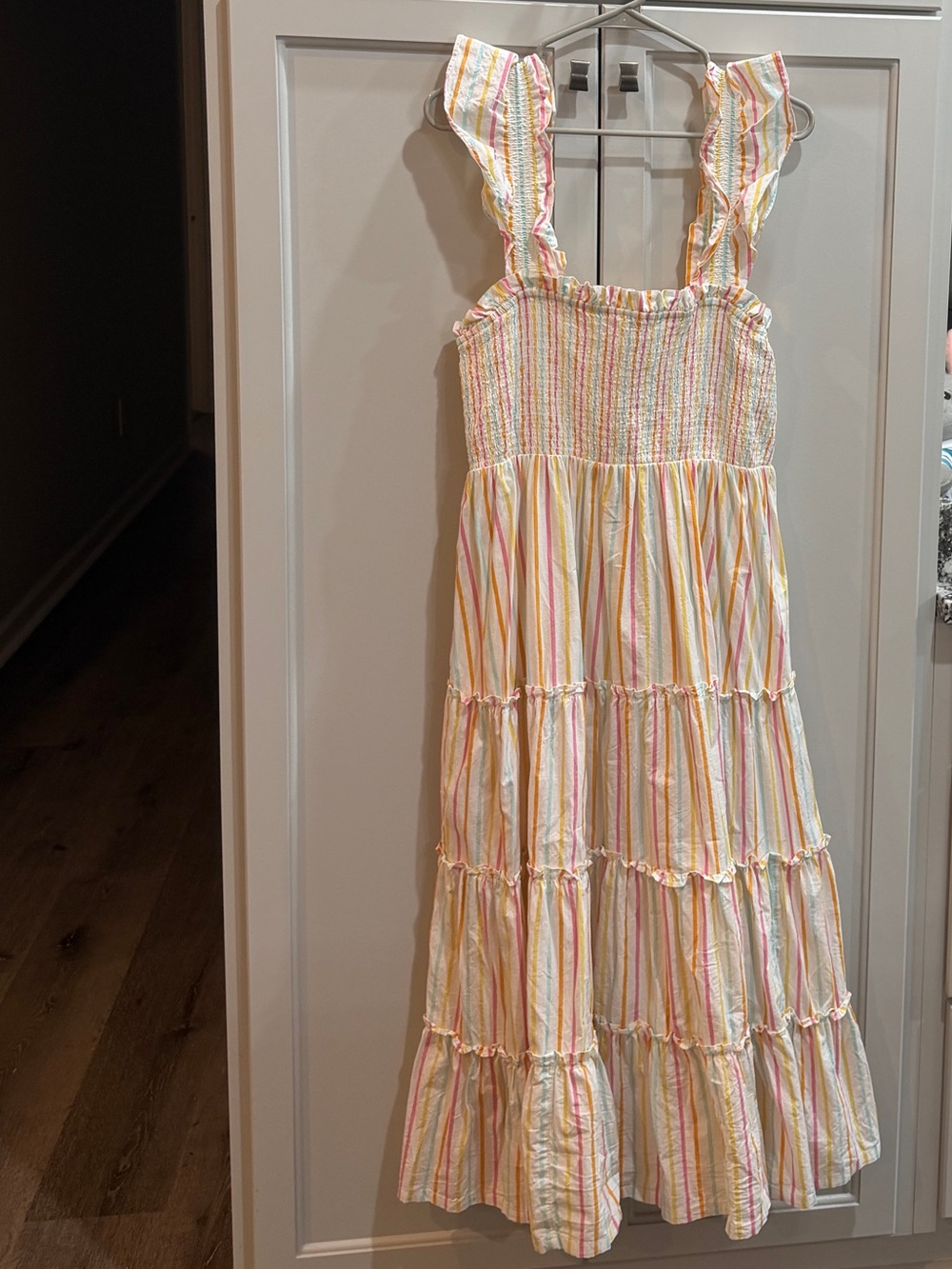 crown & ivy Pastel Stripe Ruffle-Shoulder Tiered Sundress